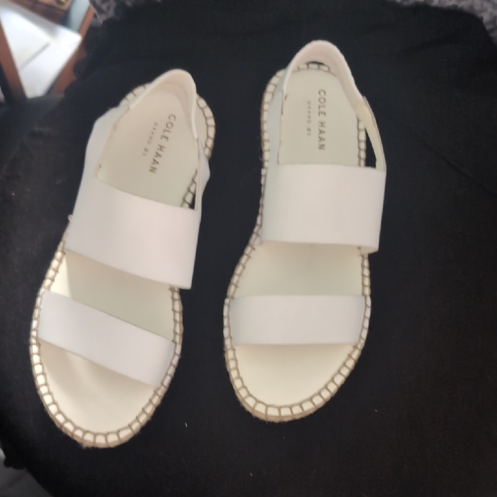 Cole Haan Grand OS White Leather Espadrille Platform Sandals - Size 6